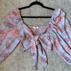 Blush Bj Floral Puffy Long Sleeve Self Tie Crop Top